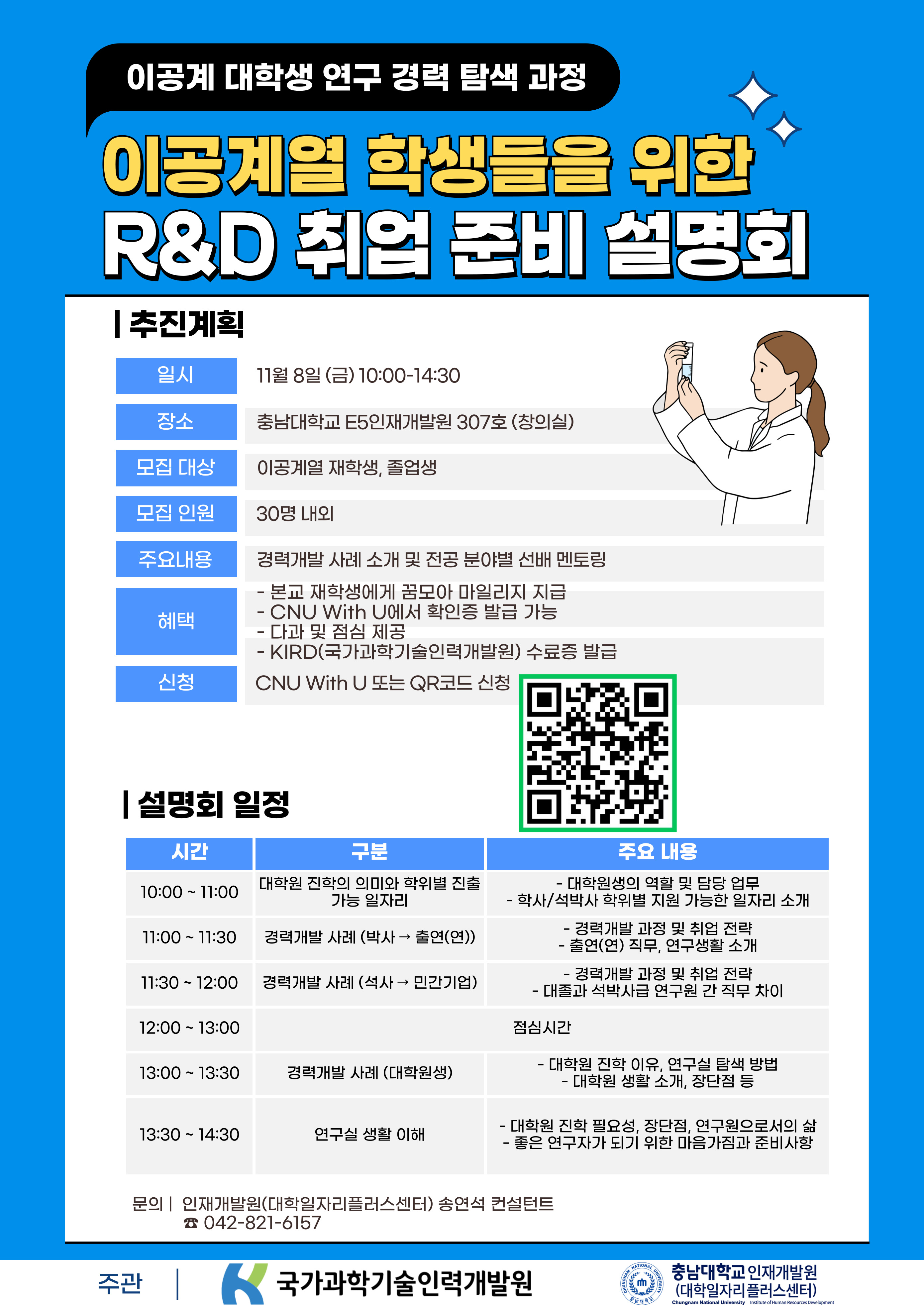 KIRD(국가과학기술인력개발원)와 협업하여 이·공계열 재학생과 졸업생들의 R&D 취업을 지원하기 위하여 설명회를 개최하오니 참여하세요~~